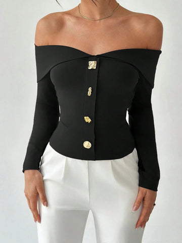Elegant Off Shoulder Button Down Top
