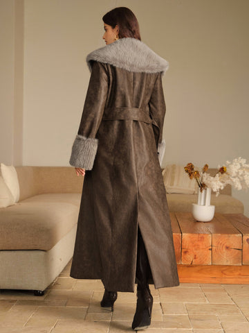 Faux Fur Trim Belted Leather Coat