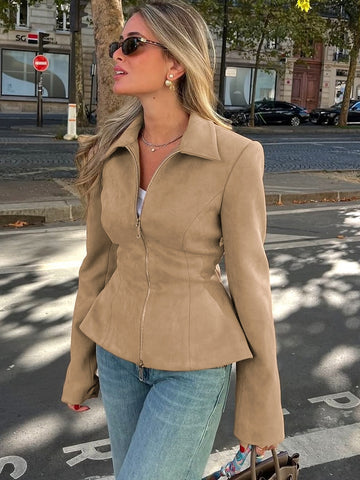 Fitted Suede Peplum Zip Jacket