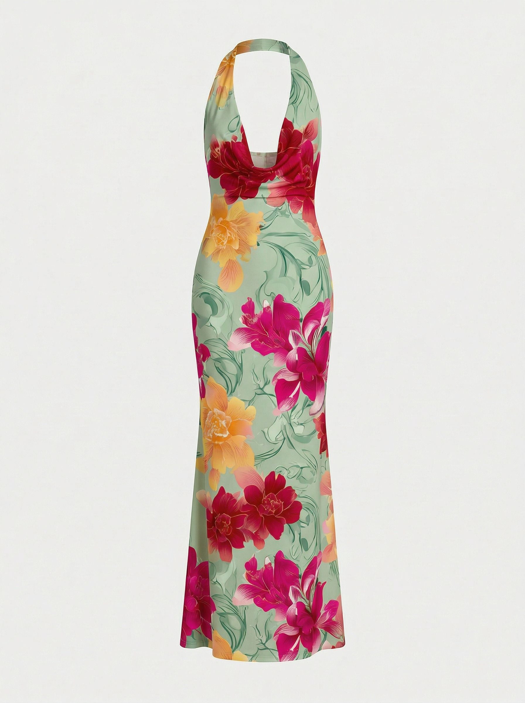 Floral Print Cowl Neck Bodycon Maxi Dress