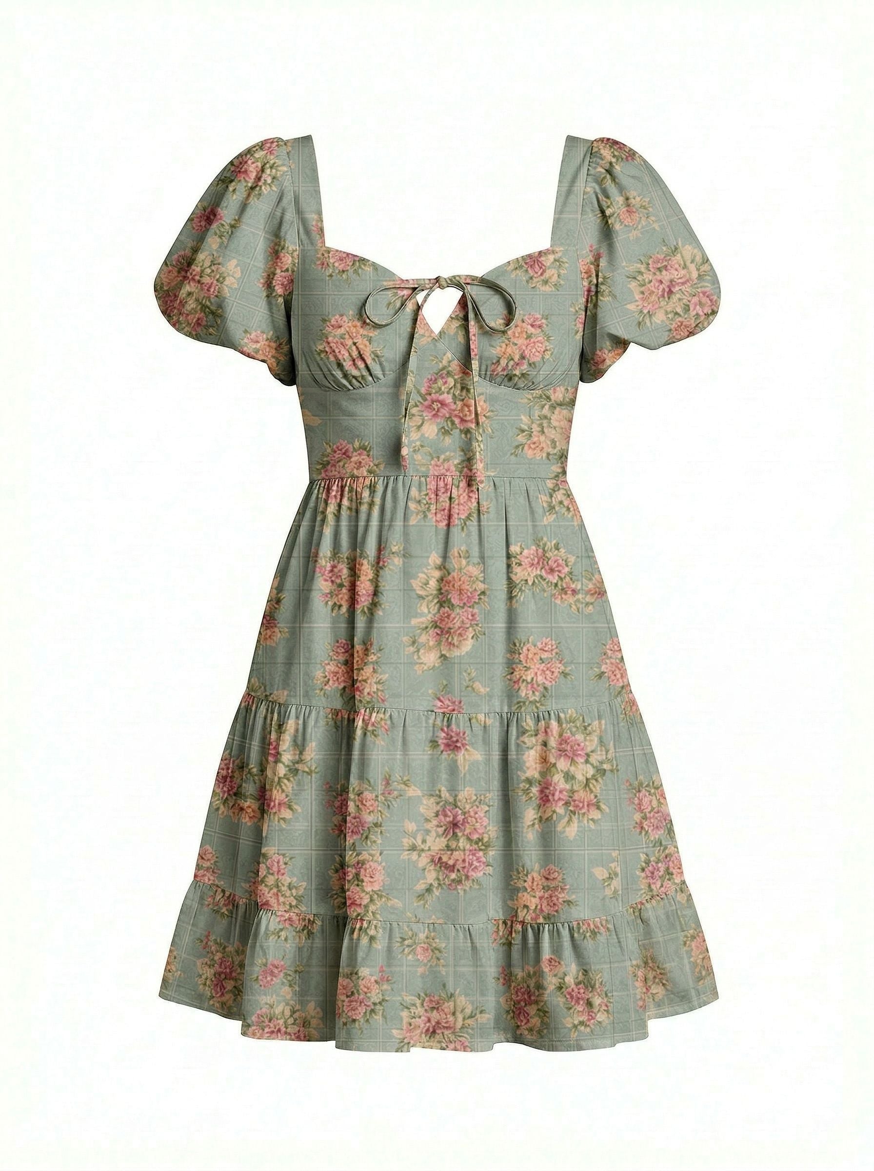 AYLA Floral Print Puff Sleeve Tiered Mini Dress