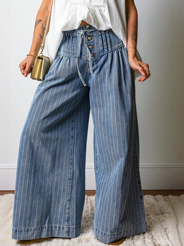 High Waist Striped Denim Pants