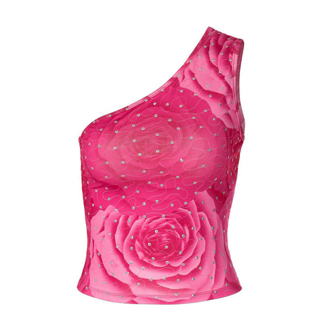 Rose Print Sequin One-Shoulder Cropped Camisole