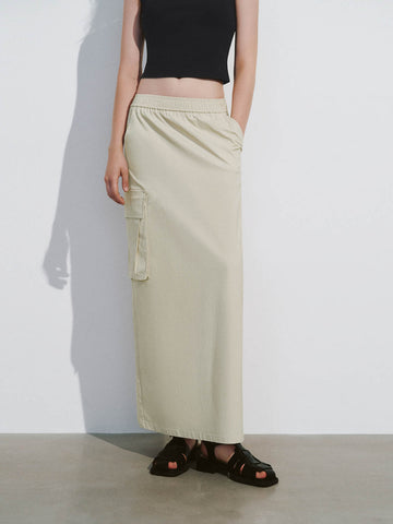 Urban Revivo Drawstring Waist Midi Straight Skirt-Natural
