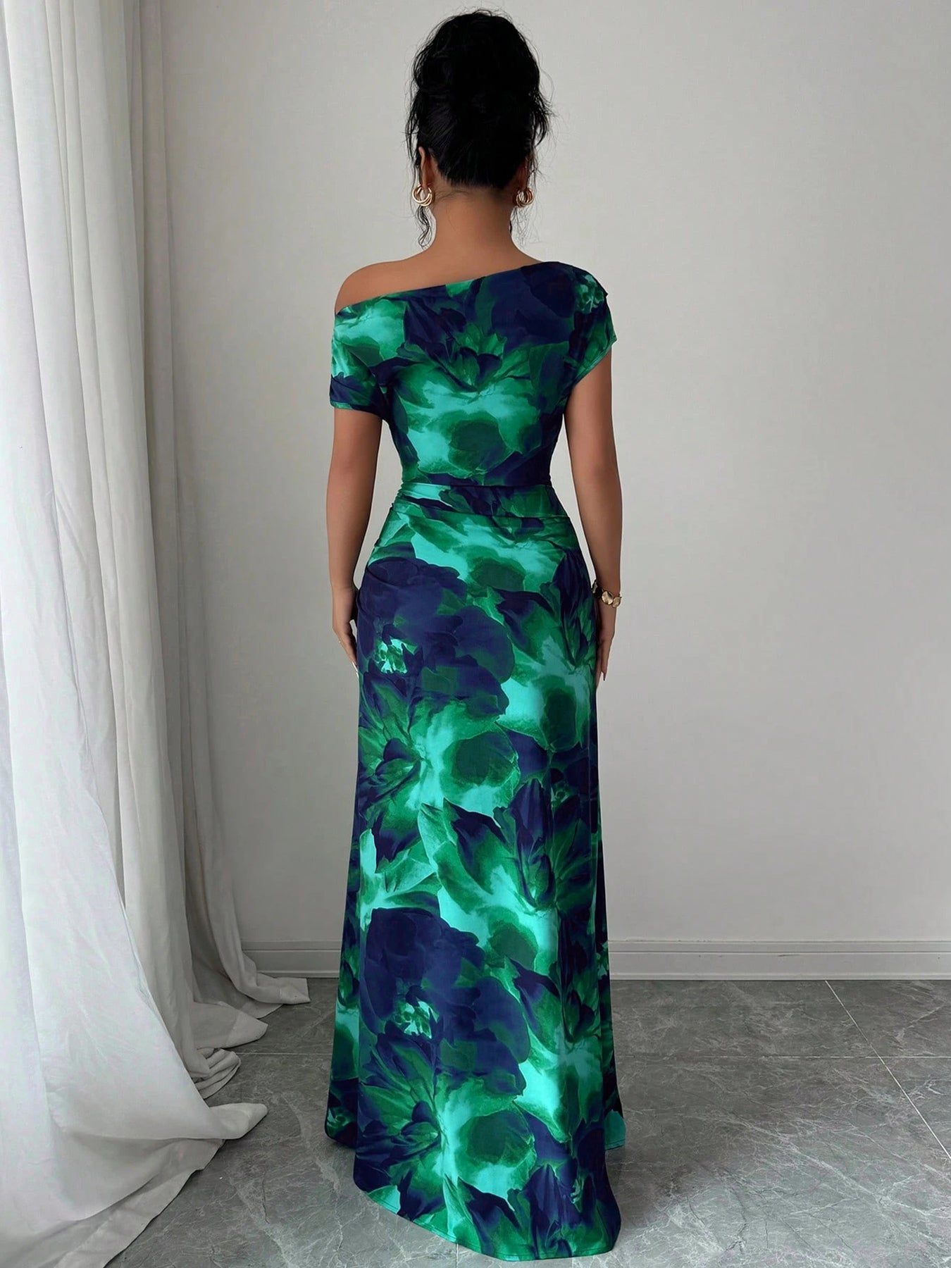 Tropical Print Off-Shoulder Vacation Midi Dress-Green