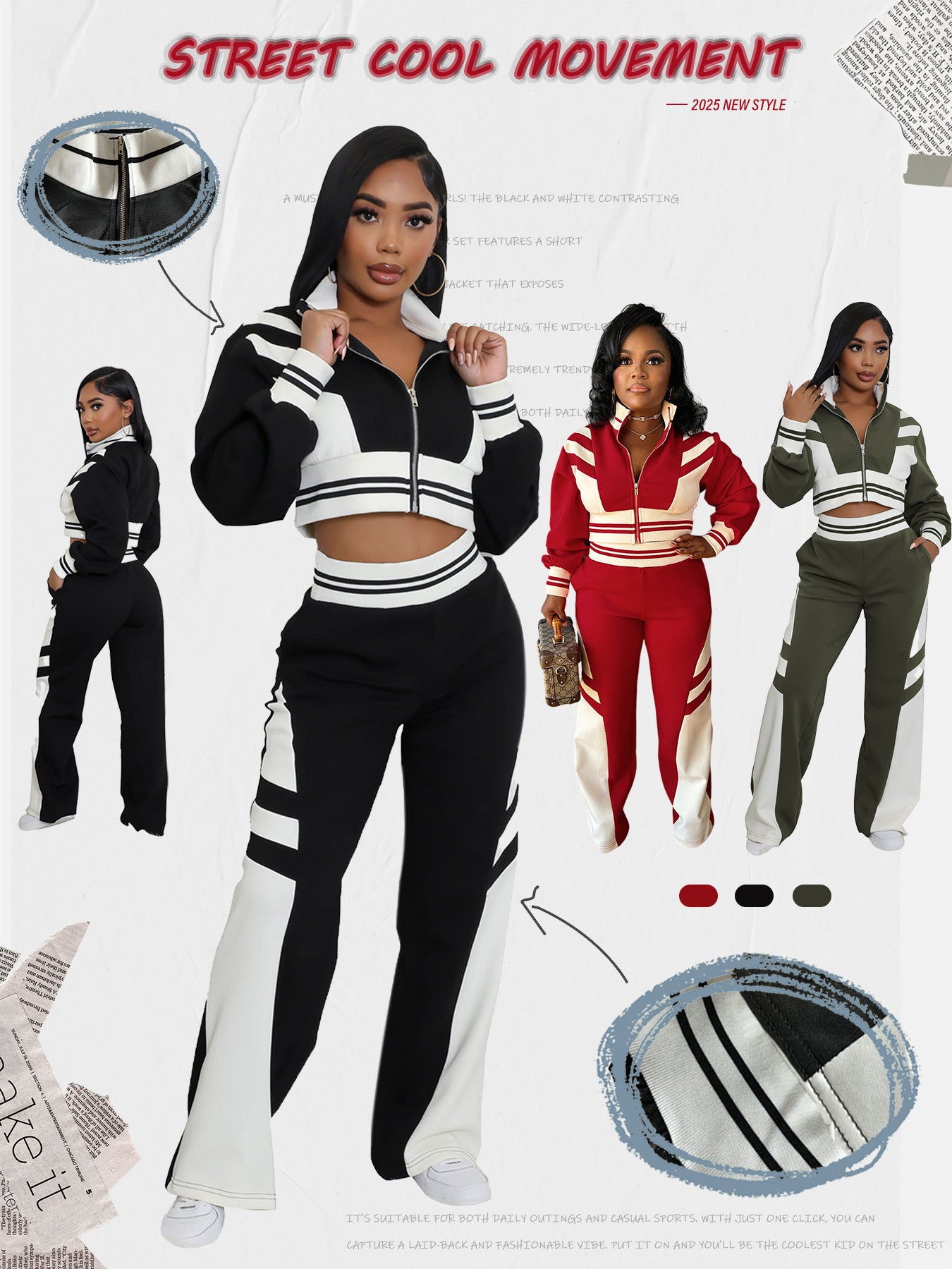 Colorblock Zip Up Crop Pant Set