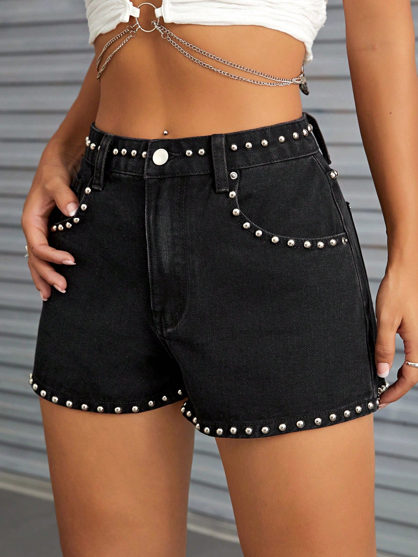 Studded High Waisted Denim Shorts