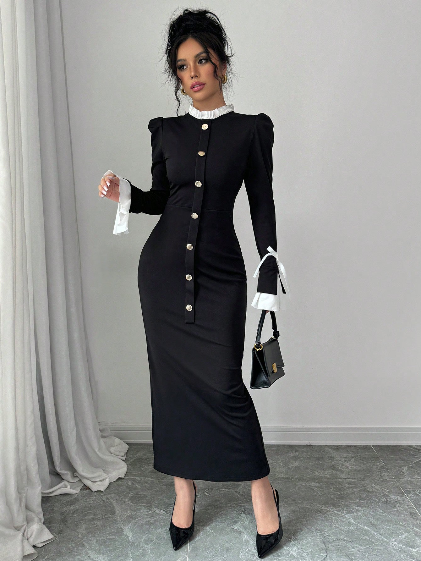 Elegant Button Front Contrast Midi Dress