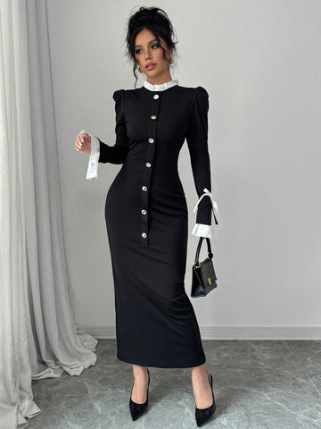 Elegant Button Front Contrast Midi Dress