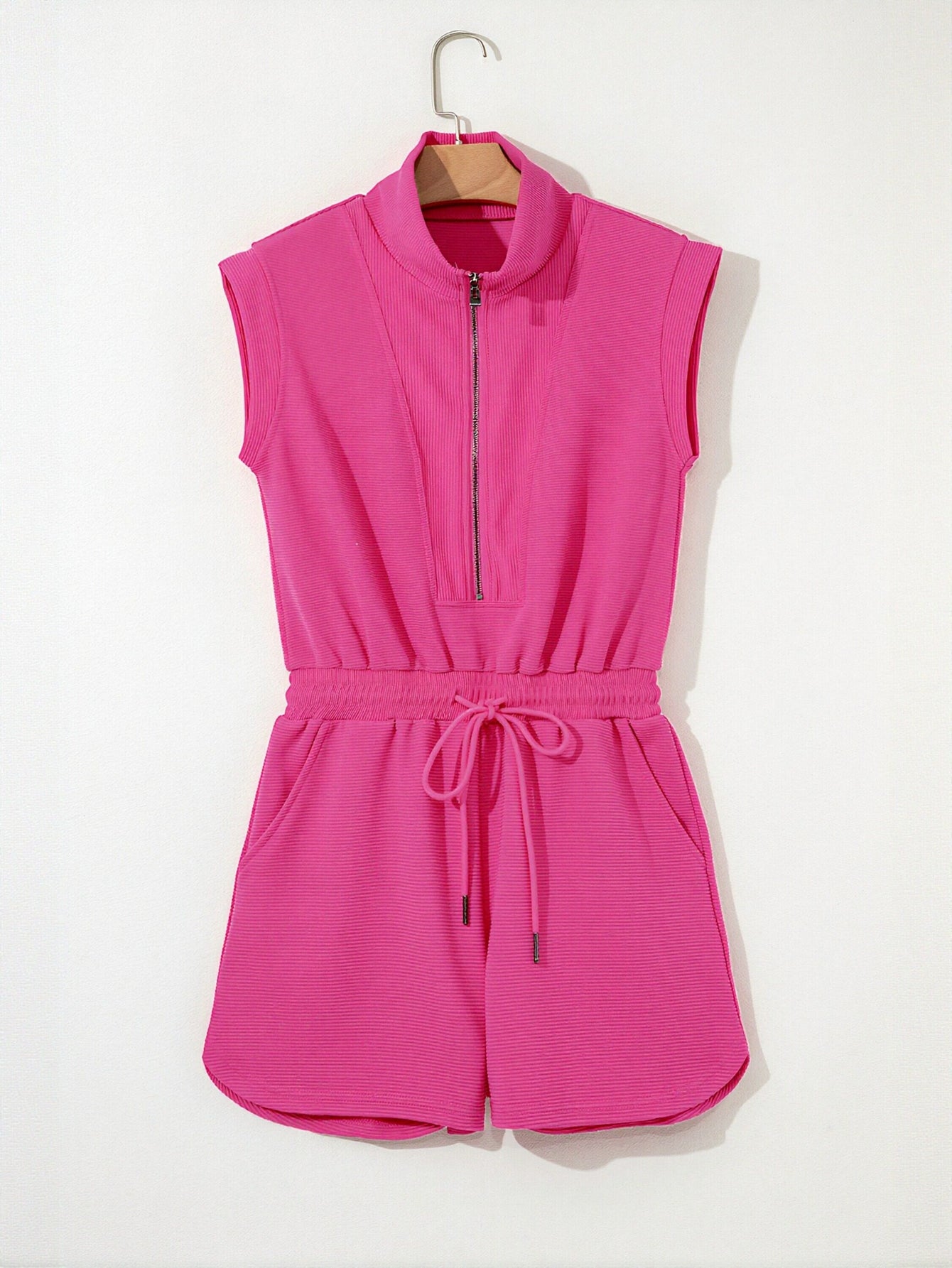 Zip Front Ribbed Romper Shorts