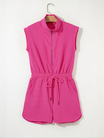 Zip Front Ribbed Romper Shorts