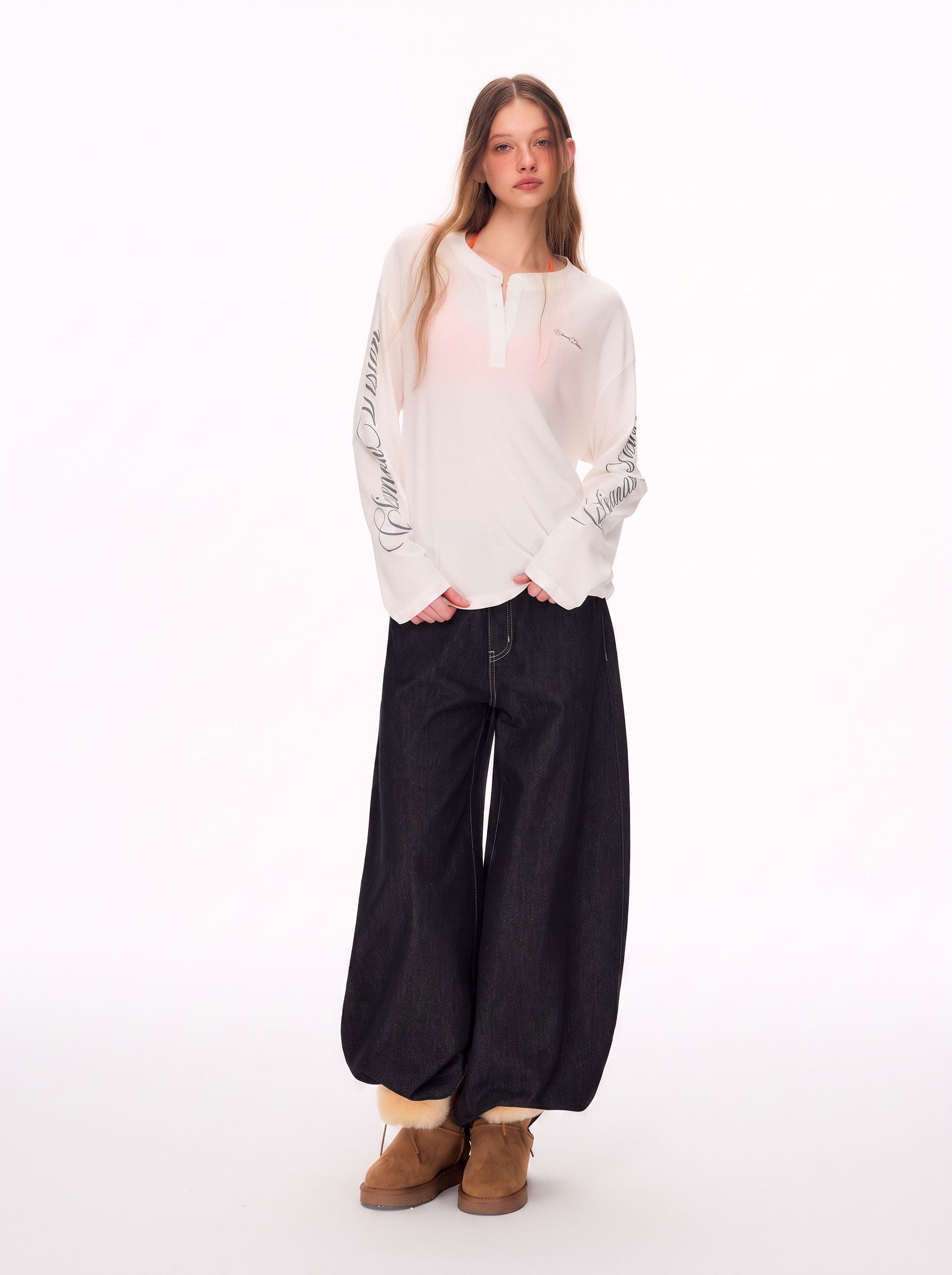 Oversized Thermal Henley Long Sleeve T Shirt