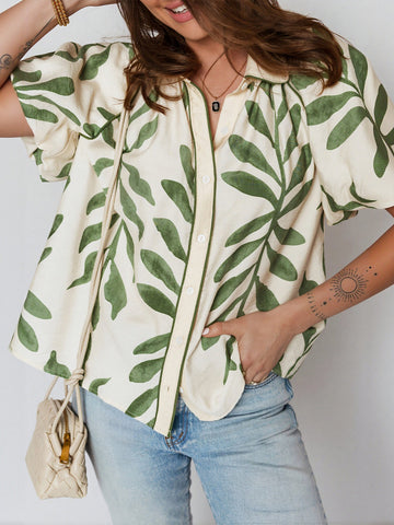 Leaf Print Puff Sleeve Shirt