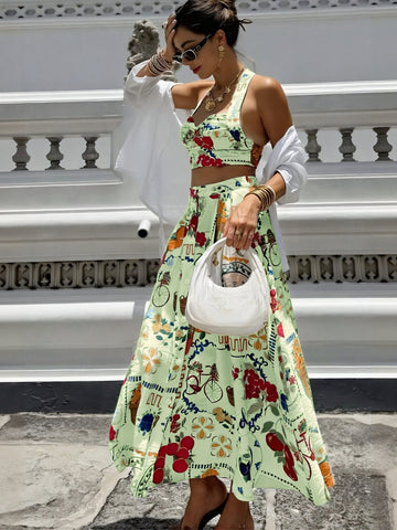 Floral Print Halter Maxi Skirt Set