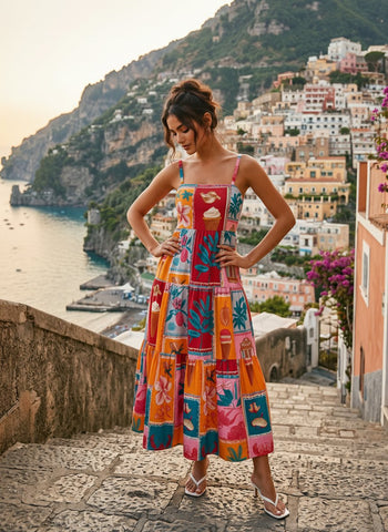 FLORA Floral Print Tiered Strap Midi Dress