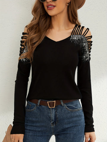 Rhinestone Cutout Shoulder Long Sleeve T Shirt