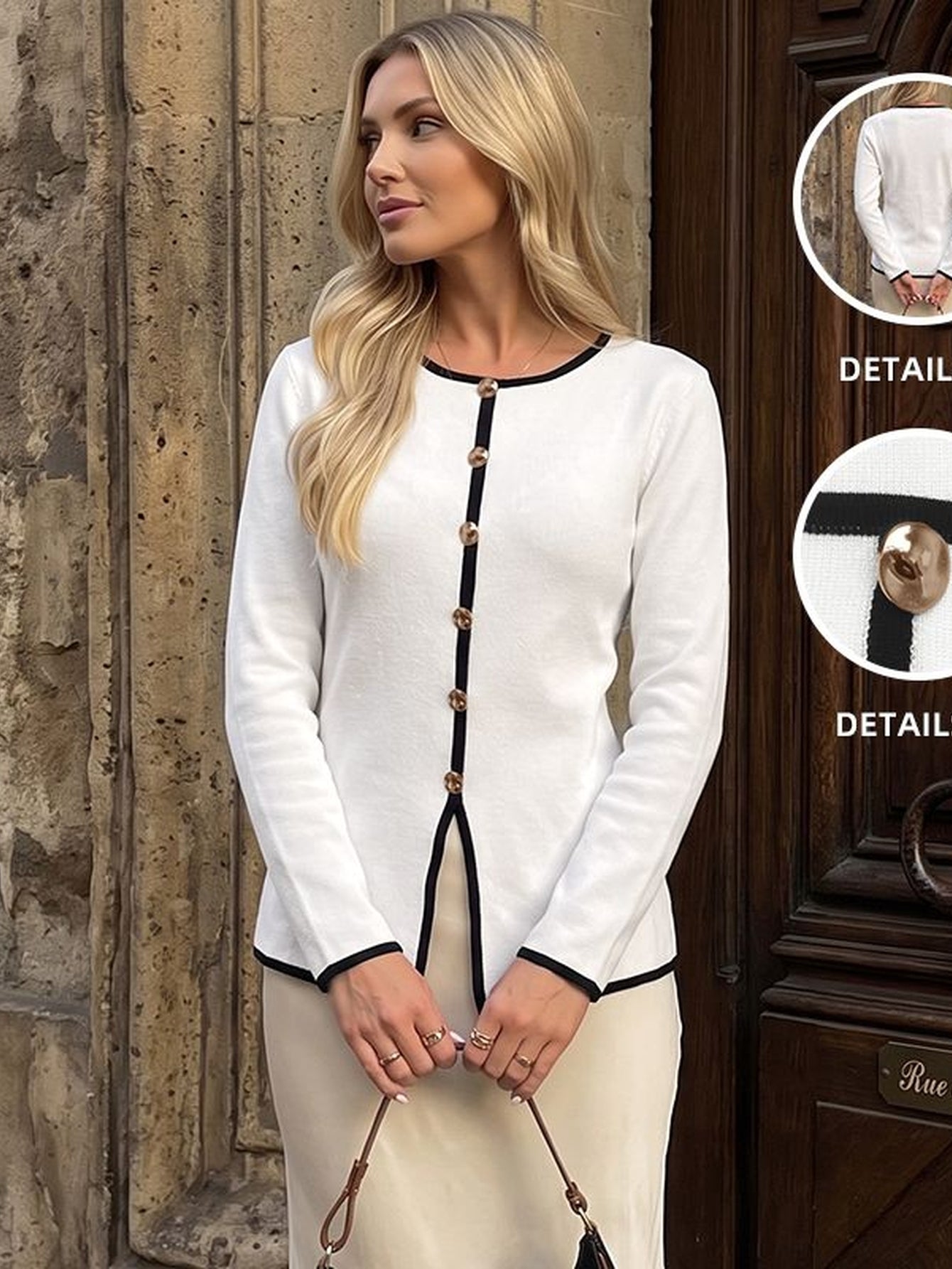 Contrast Trim Button Front Sweater