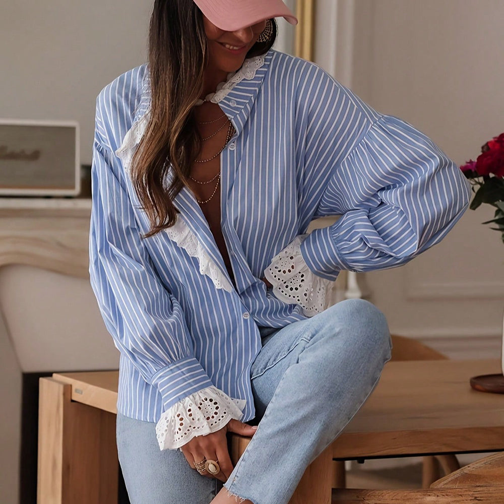 Striped Loose Fit Lace Panelin Bohemian Shirt-Blue