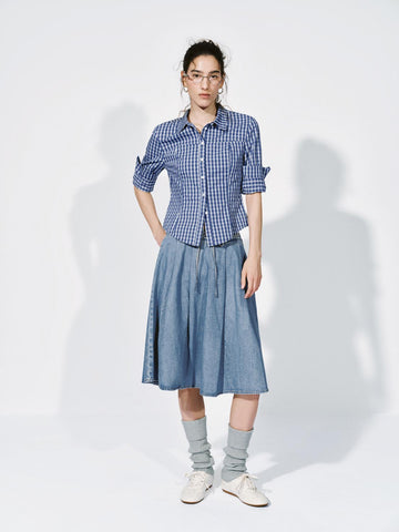 Urban Revivo Contrast Trim Drawstring Pleated Denim Midi Skirts-Blue