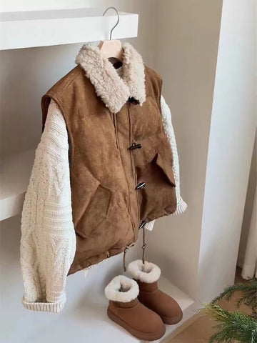 Faux Suede Sherpa Collar Puffer Vest