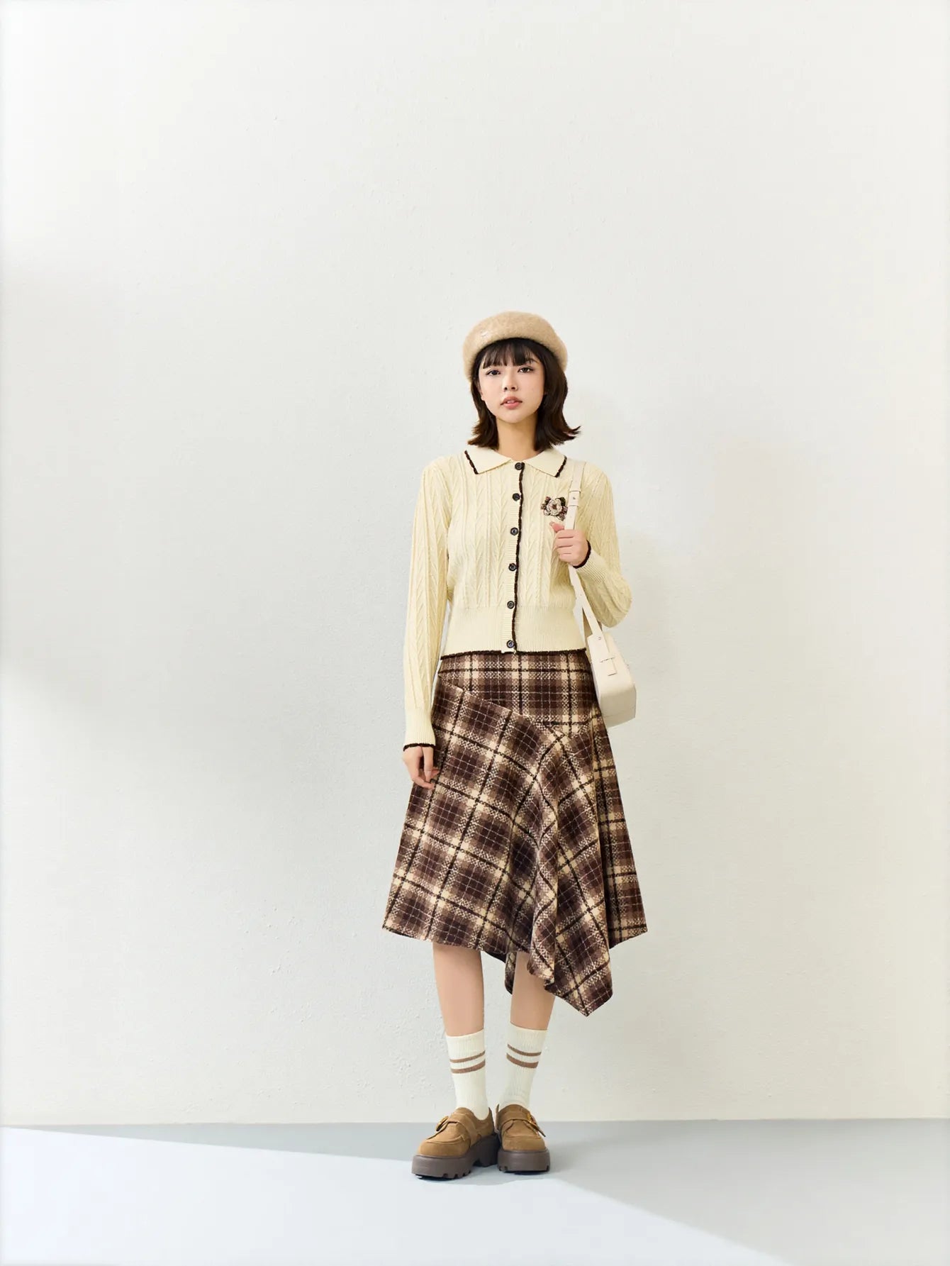 High Waisted Plaid Asymmetric Midi Skirt
