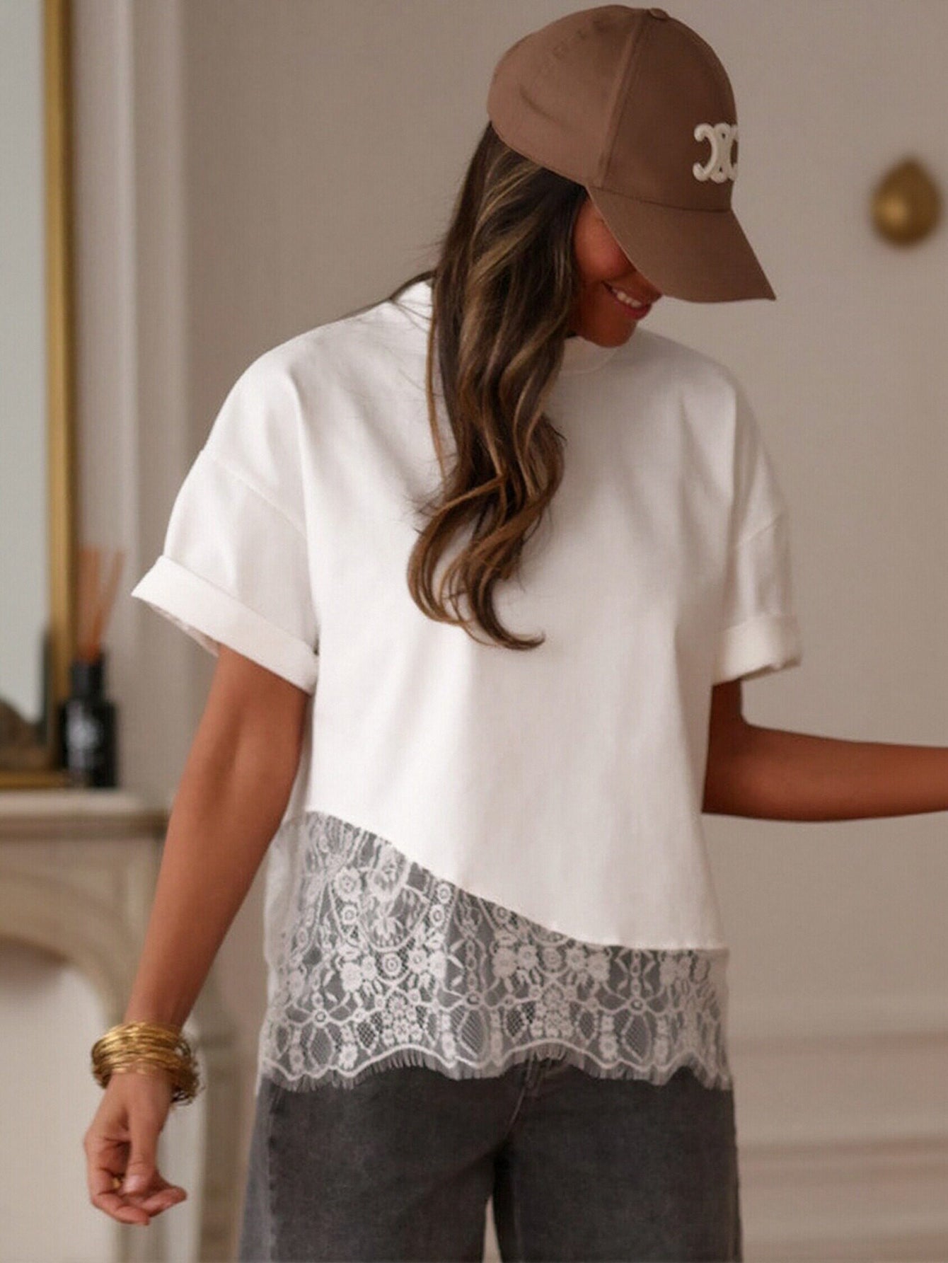 Lace Trim Casual Boxy T Shirt