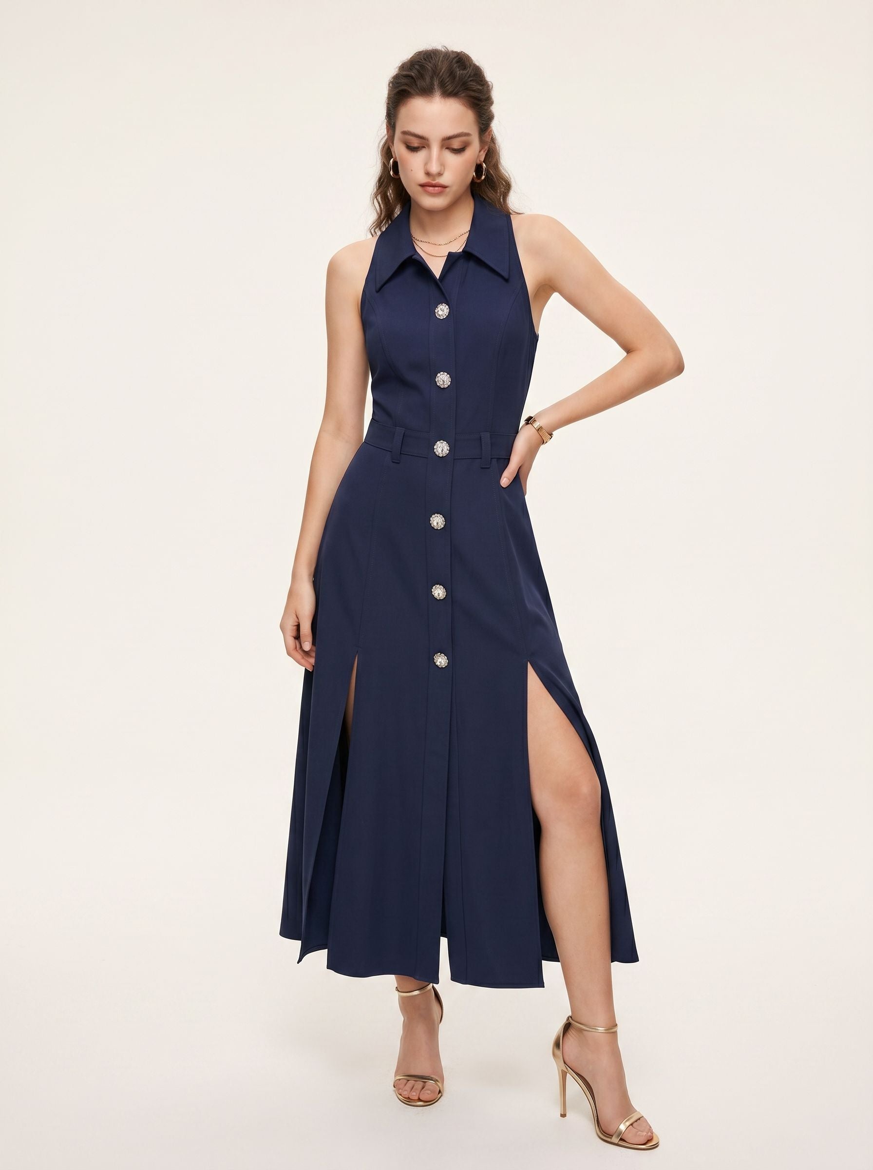 Button Down Slit Midi Dress