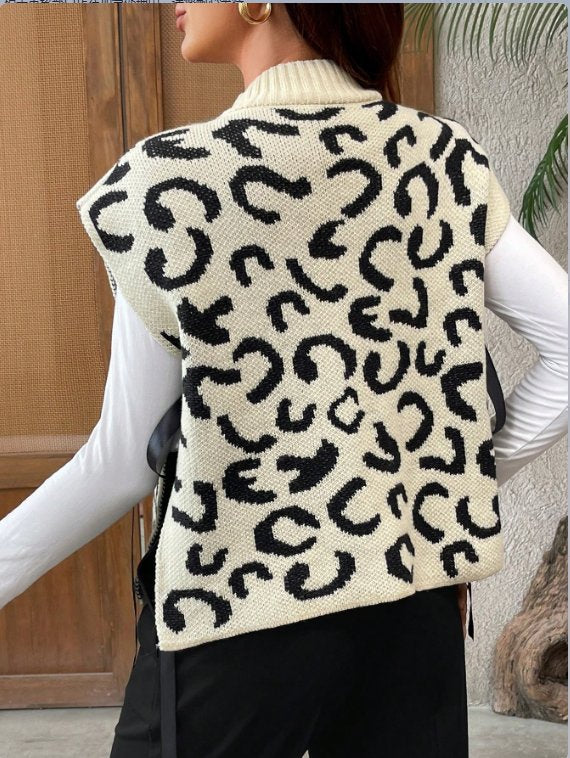 Leopard Print Mock Neck Sweater Vest