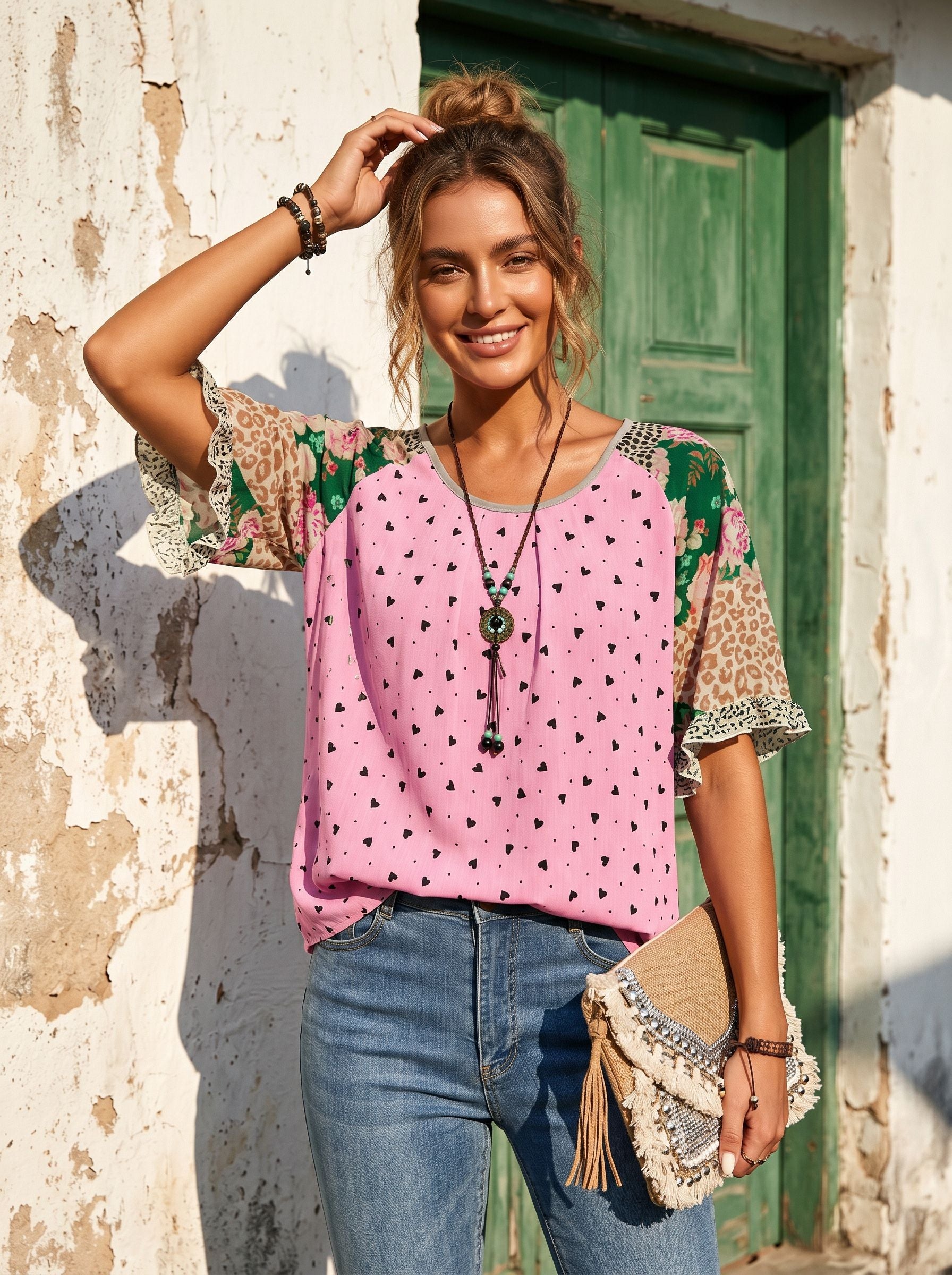 Boho Floral Print Chiffon Blouse