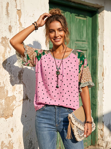 Boho Floral Print Chiffon Blouse