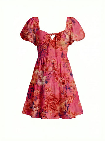Floral Print Puff Sleeve Tiered Mini Dress