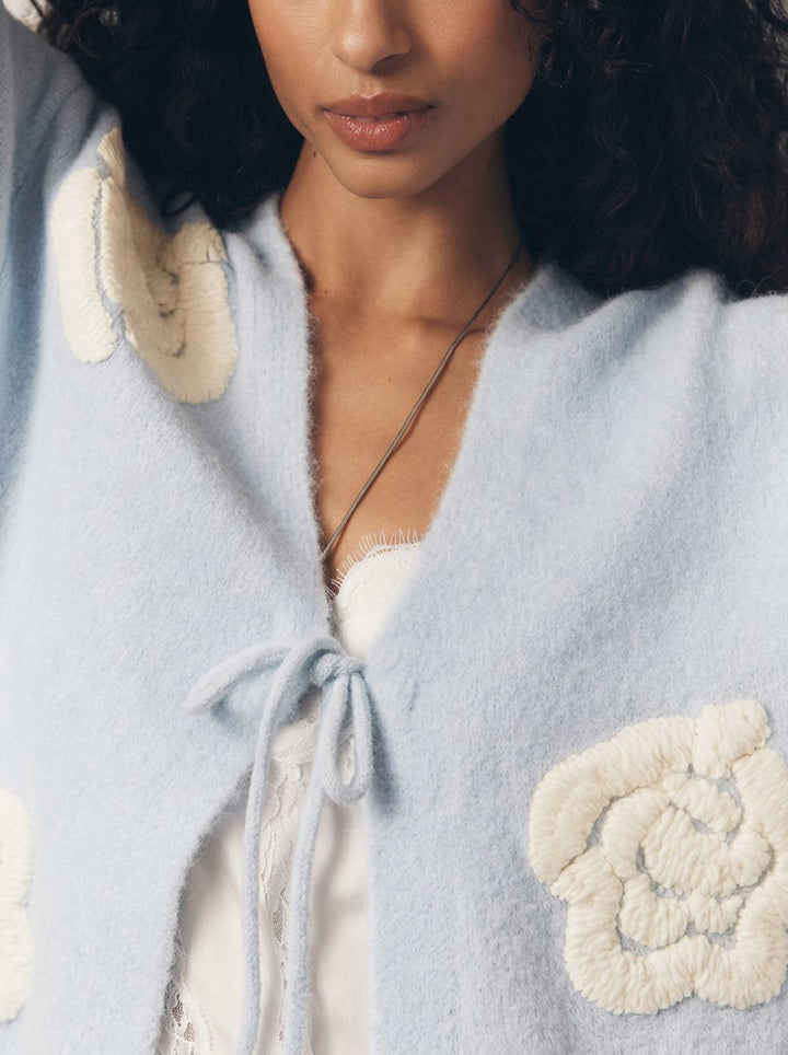 Floral Applique Fuzzy Knit Cardigan