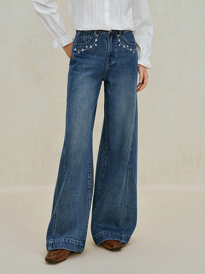 Embroidered High Waisted Wide Leg Jeans