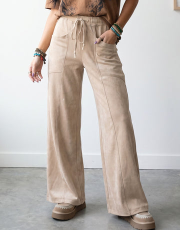 Soft Suede Drawstring Wide Leg Pants