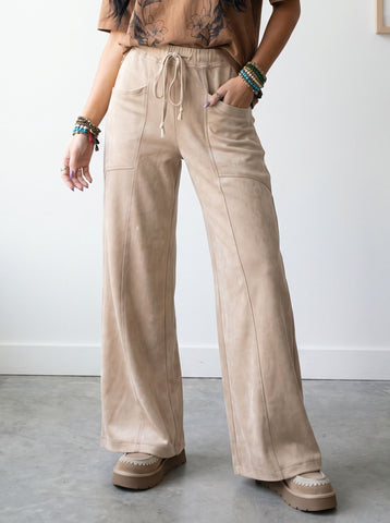 Soft Suede Drawstring Wide Leg Pants