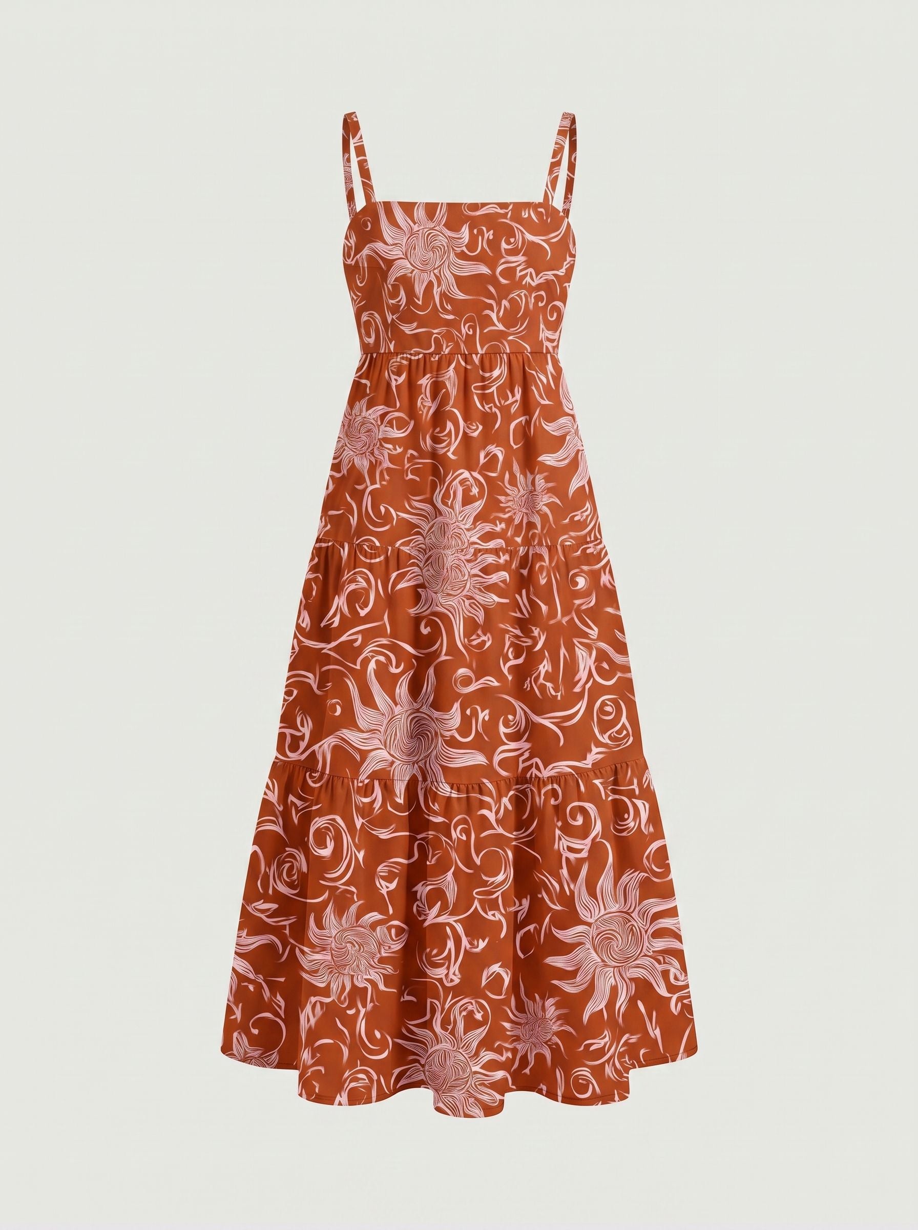 FLORA Floral Print Tiered Strap Midi Dress