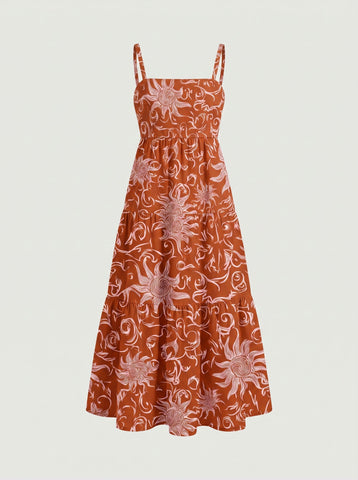 FLORA Floral Print Tiered Strap Midi Dress