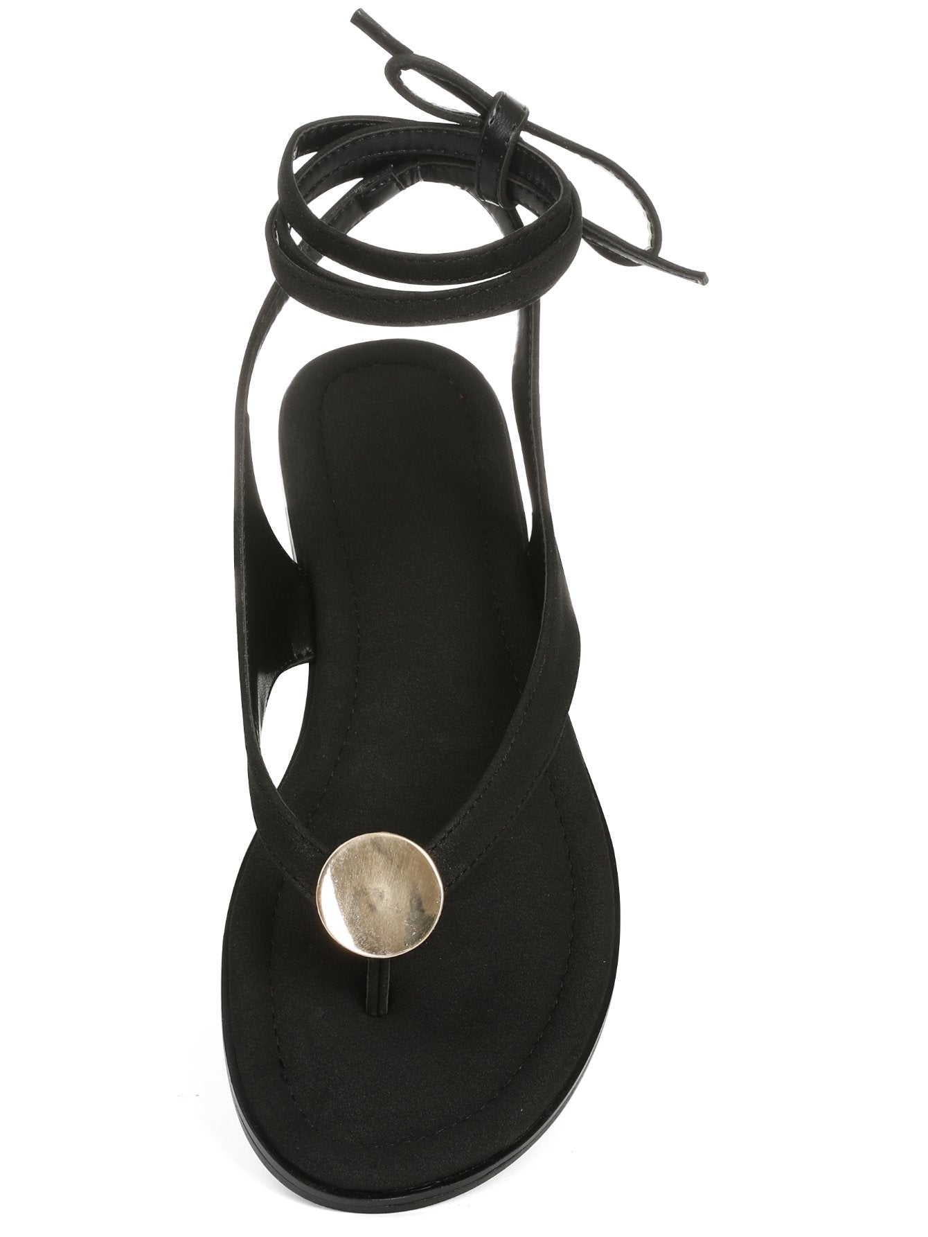 Ankle-Tie Cross-Strap Gold Accent Boho Chic Flat Sandals-Black