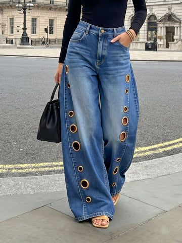 Eyelet Detail Wide Leg Jeans