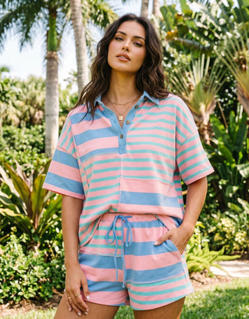 Oversized Striped Polo Shorts Set