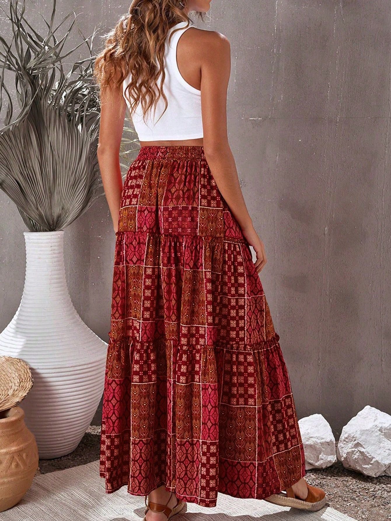 Tiered Floral Print Boho Maxi Skirt