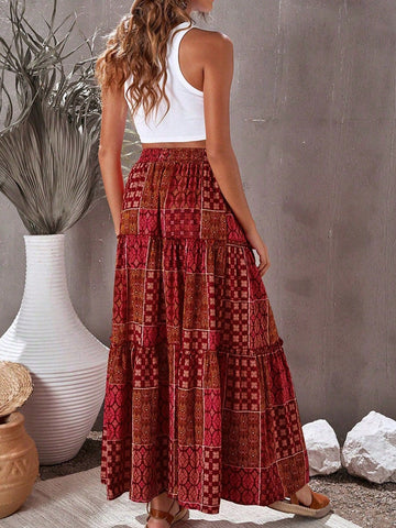 Tiered Floral Print Boho Maxi Skirt