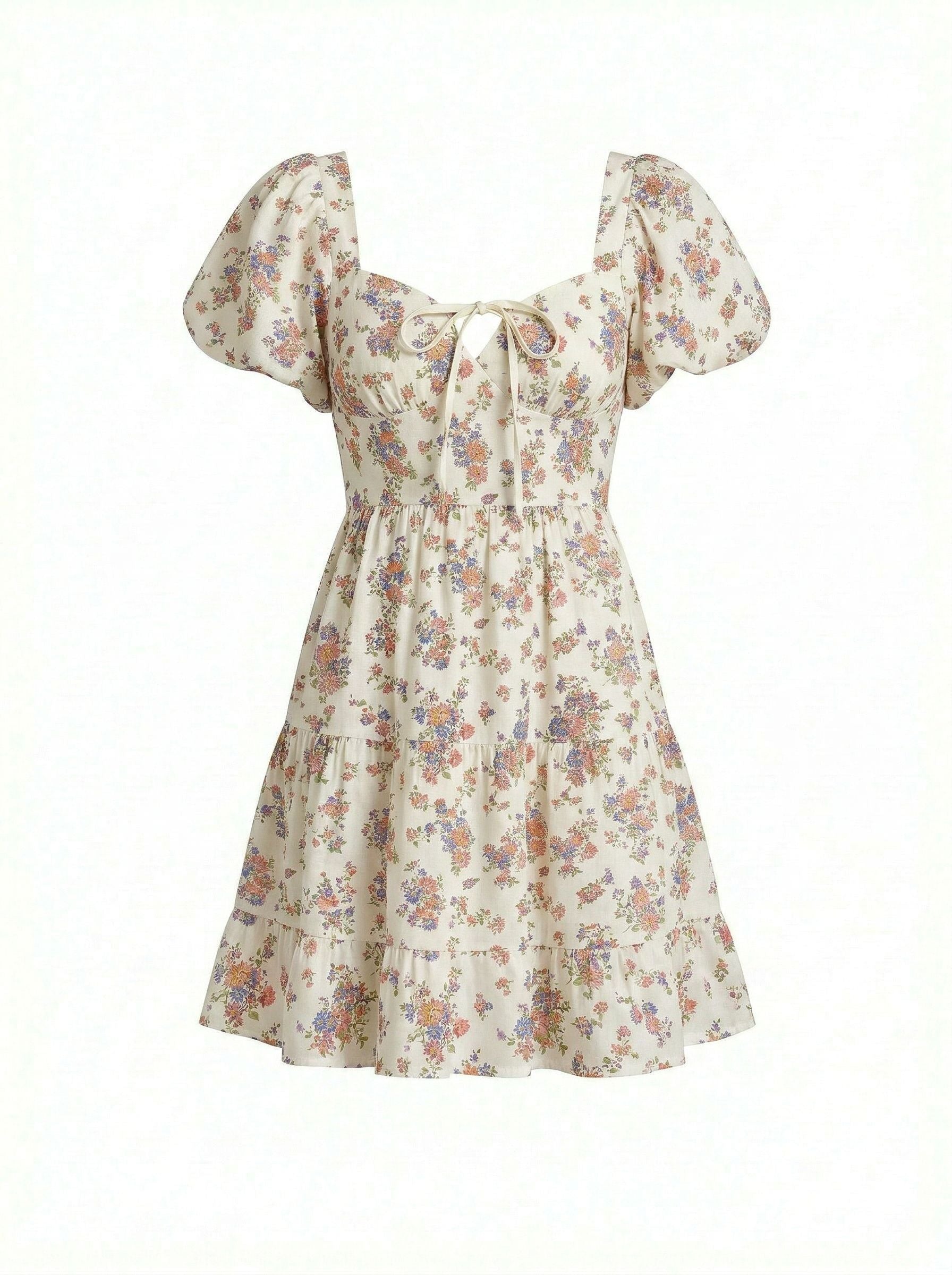 Floral Print Puff Sleeve Tiered Mini Dress
