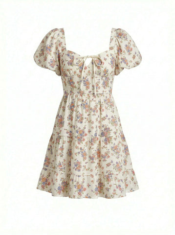 Floral Print Puff Sleeve Tiered Mini Dress