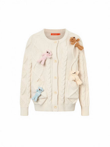 Cute Bear Applique Cable Knit Cardigan