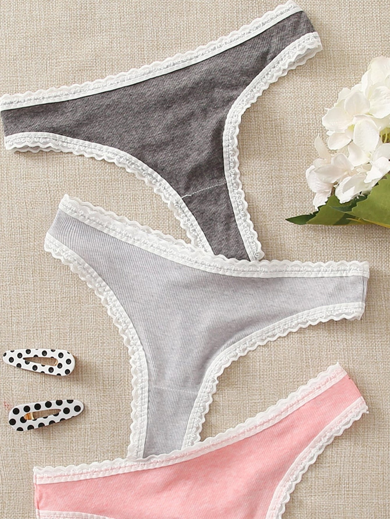 Soft Ribbed Lace Trim Thongs