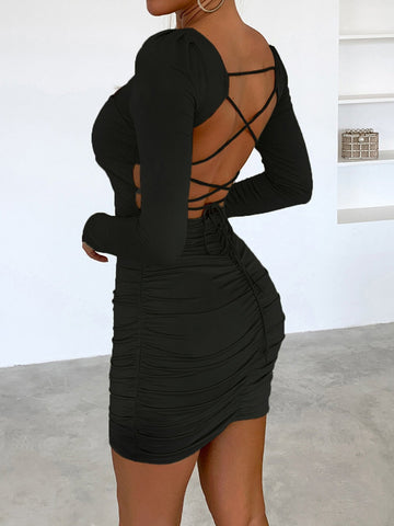 Square Neck Draped Side-Cutout Bodycon Mini Dress