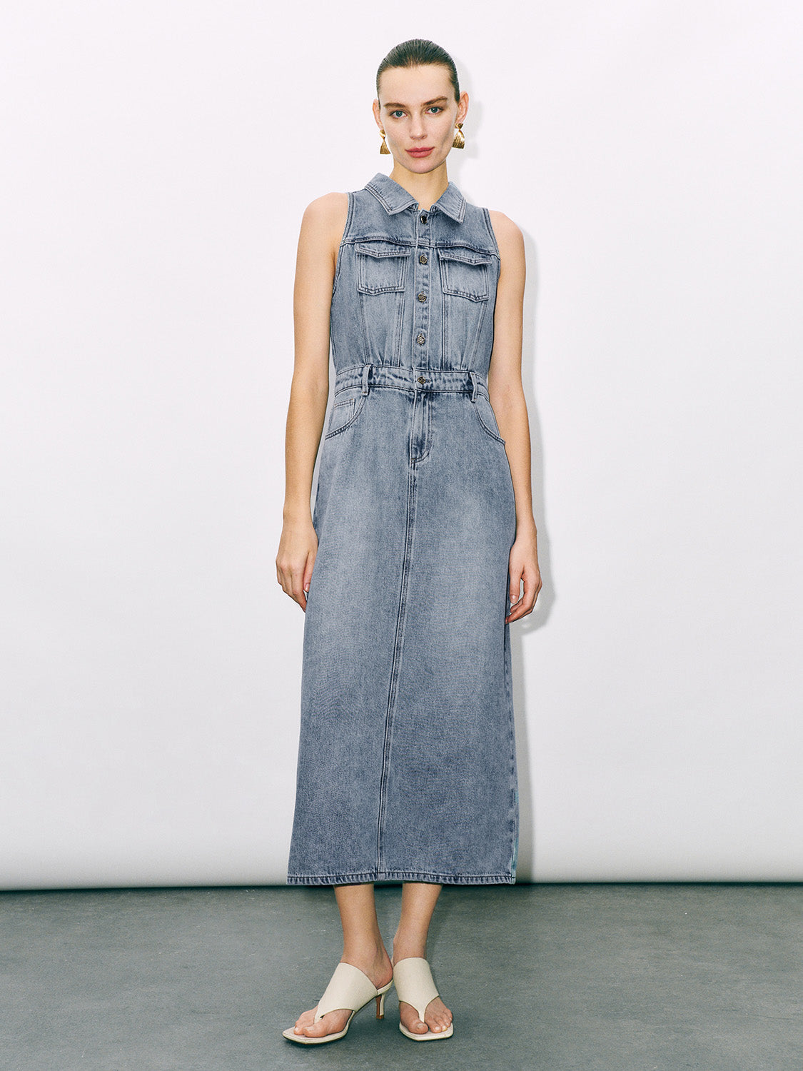Urban Revivo Sleeveless Denim Dress With Belt-Blue
