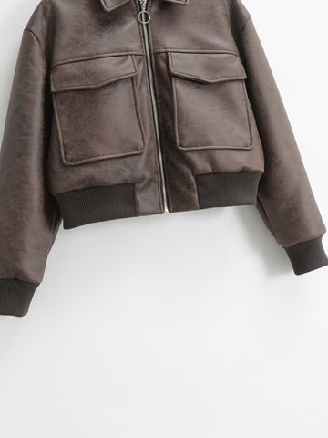 Distressed Faux Leather Bomber Jacket
