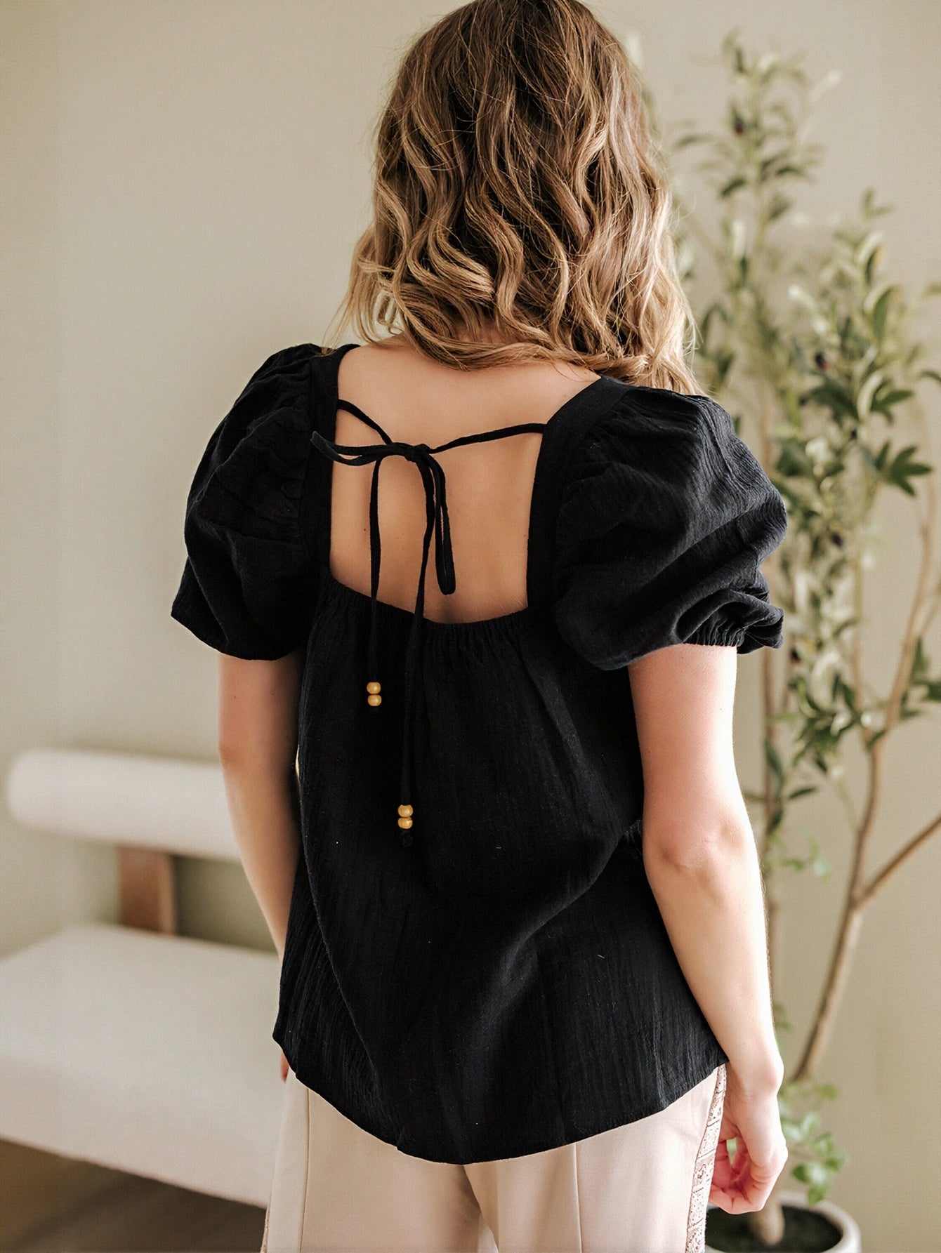 Crochet Trim Square Neck Blouse